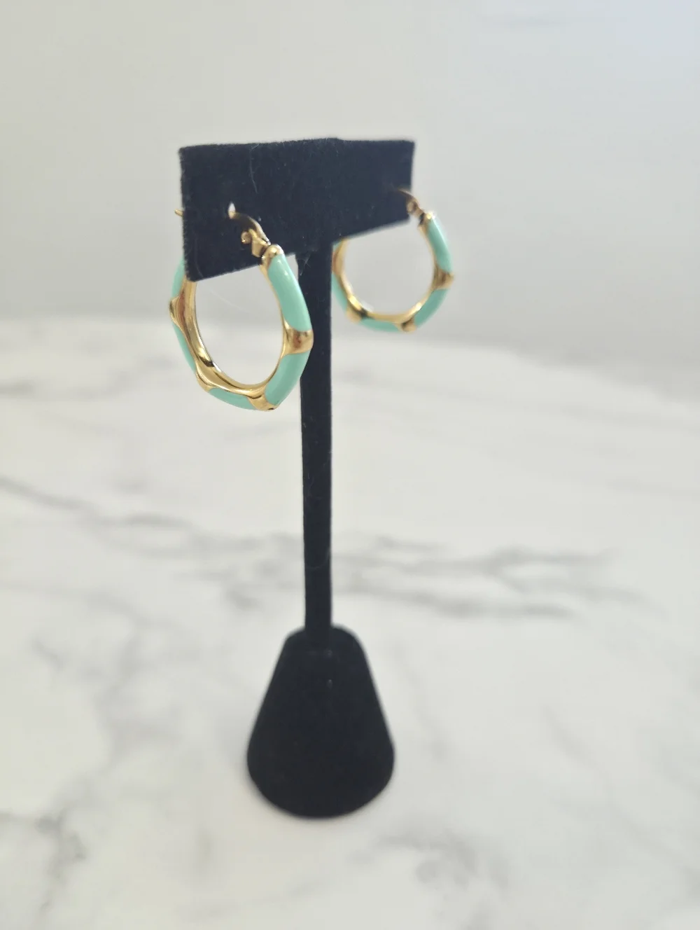 Gold & Vibrant Mint Green Enamel Bamboo Style Hoop Earrings Women Jewelry
